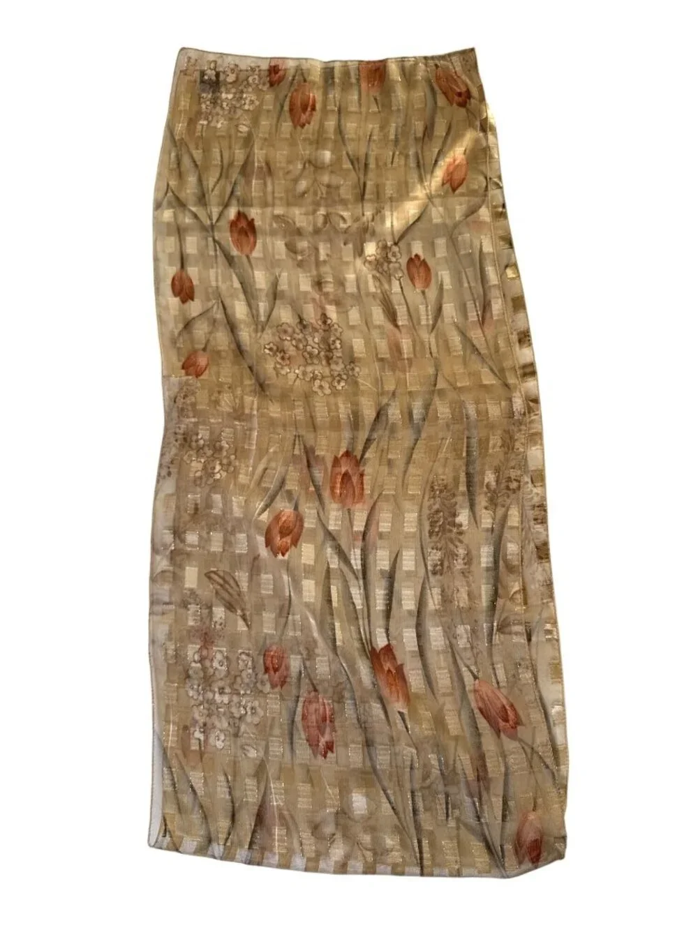 Floral Sheer Chiffon Scarf with Gold Metallic Grid Pattern L2 28